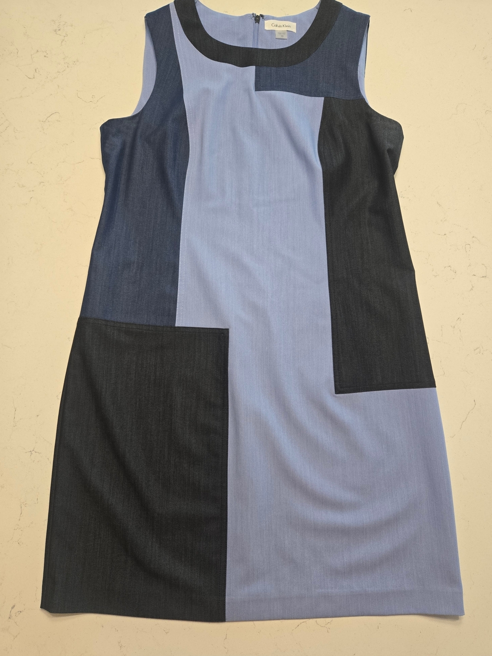 Calvin Klein Colorblock Patchwork Two Tone Blue Sleeveless Shift Dress Size 10